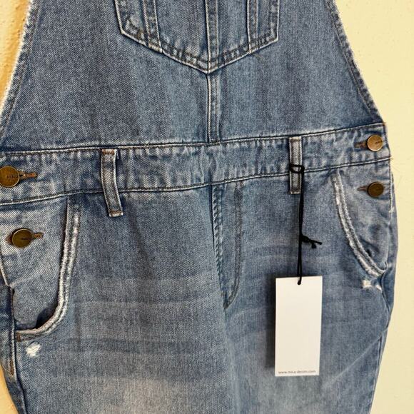 Mica Denim Boyfriend Overalls Medium Wash Distressed Skinny Leg Size Small - Picture 3 of 14